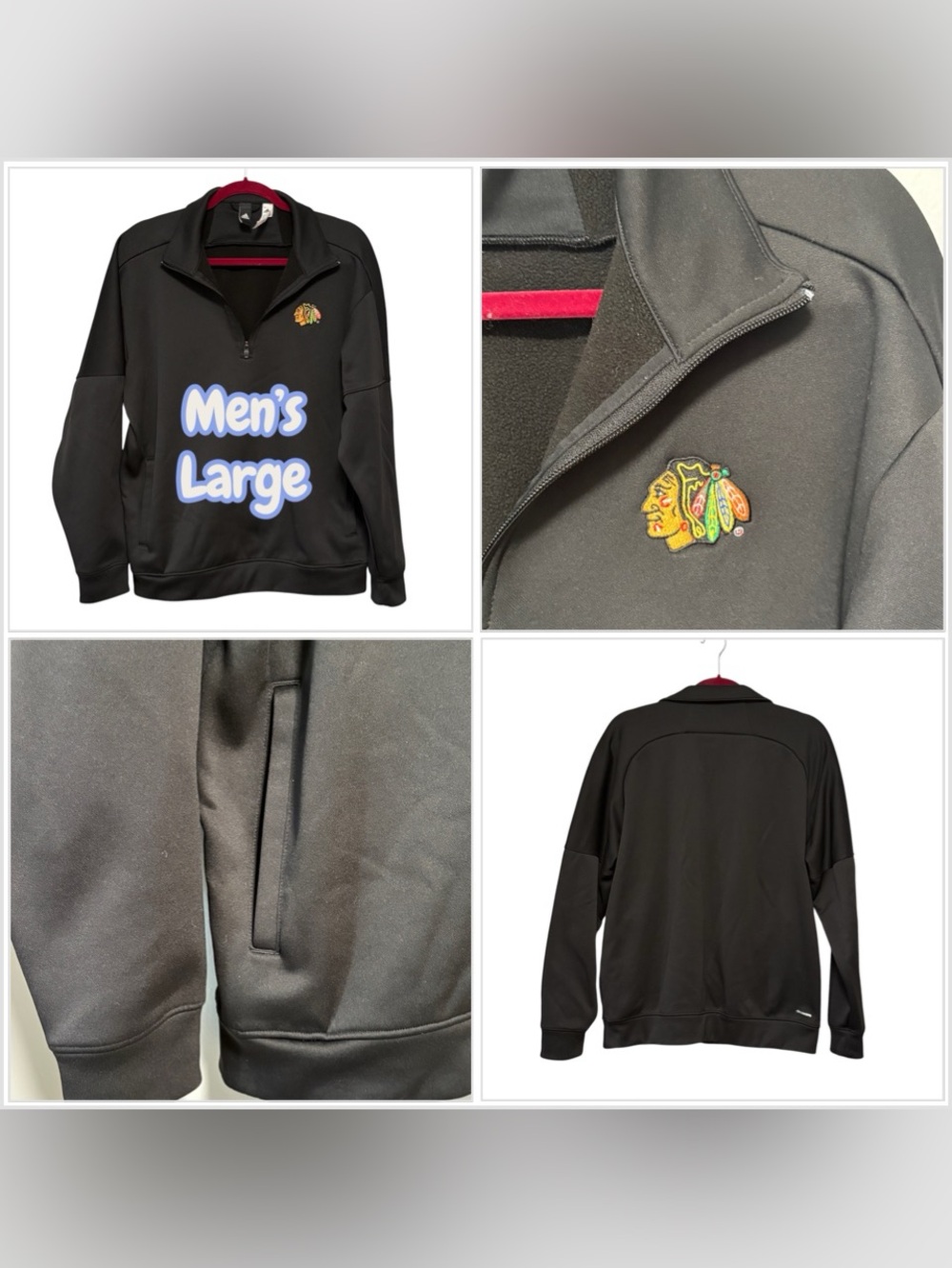 Adidas Blackhawks Large Quarter 1/4 Sweatshirt Black Long Sleeve Fleece Pockets